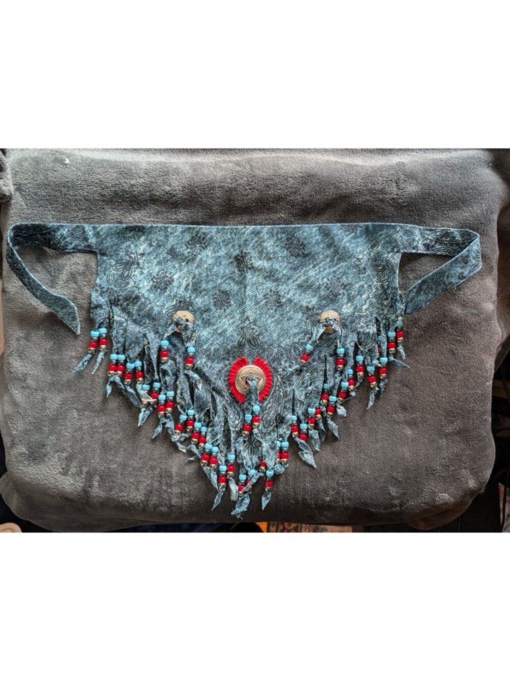 Western-Style Denim Print Bandana With Red & Blue Beaded Fringe & Concho Accents - Picture 2 of 5
